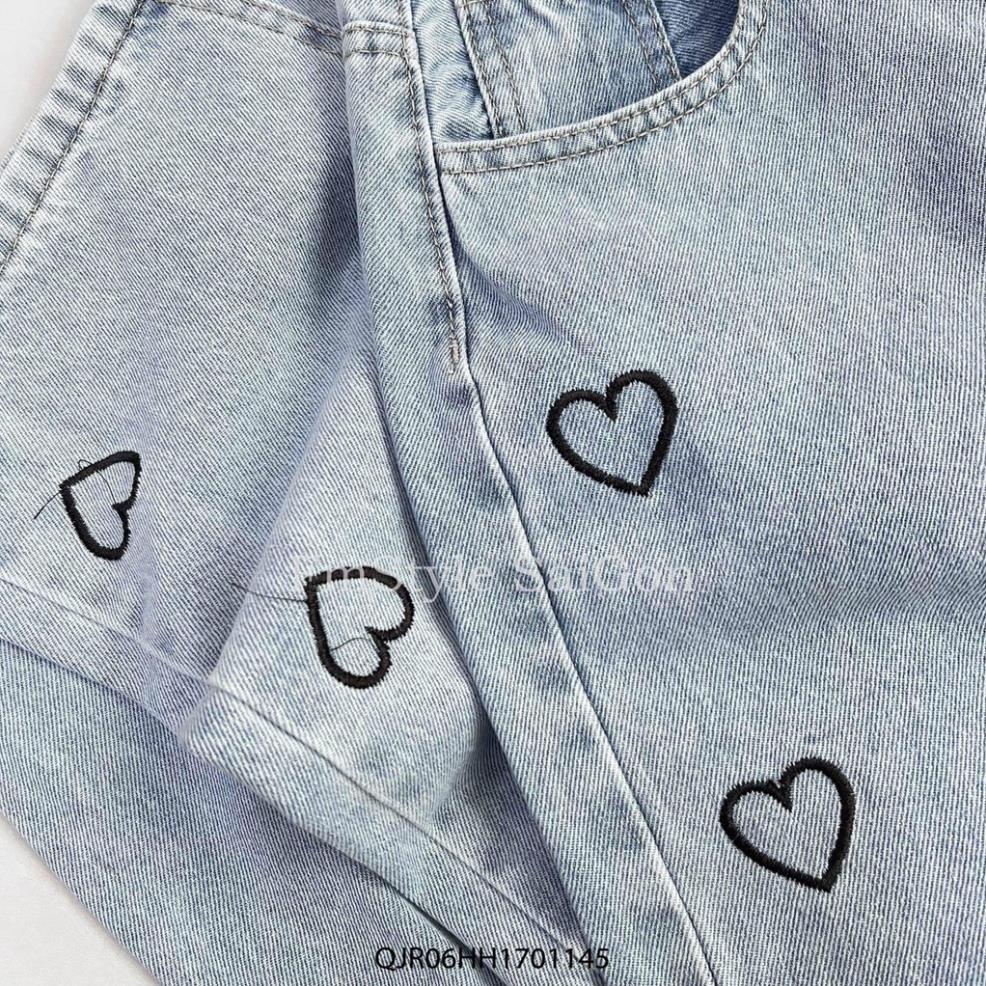 Quần jean nữ FLAKY SHOP cao cấp - Quần jean ống rộng phối hình thêu trái tim bắt mắt hàng chuẩn shop | BigBuy360 - bigbuy360.vn