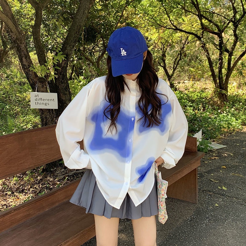 Áo Sơ Mi Trắng Tay Dài Dáng Rộng In Họa Tiết Graffiti Thời Trang Xuân Thu