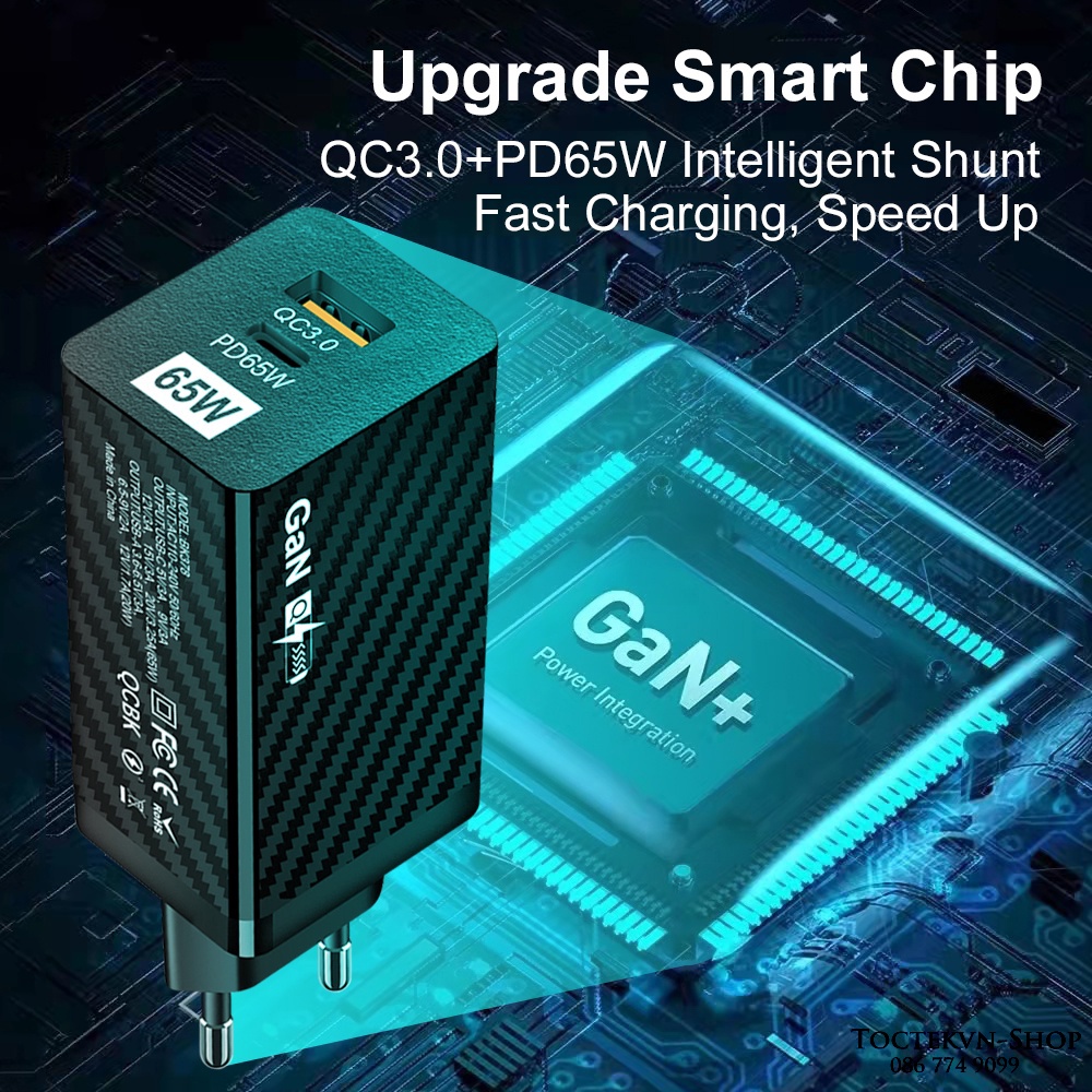 Củ Sạc 65W GaN QC 3.0 USB Type C dùng cho laptop, điện thoại các hãng.