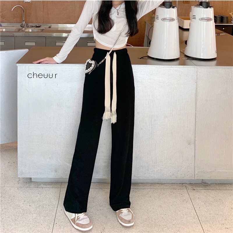 Quần Thể Thao Màu Đen Ống Rộng Phối Dây Rút Phong Cách Hàn Quốc Cho Nữ Đủ Size Phong Cách Ulzzang
