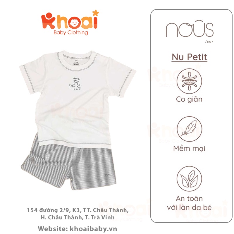 Bộ cài vai cộc Nous kẻ ghi trắng hình gấu - Chất liệu Nu Petit 95% cotton thiên nhiên