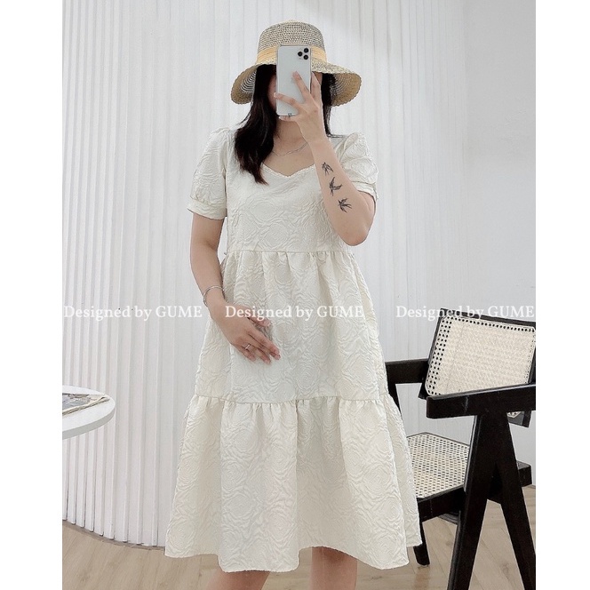 Váy bầu bigsize thiết kế GuMe dáng babydoll 3 tầng tiểu thư tay bo chất vải đũi xốp thoáng khí mềm nhẹ 40-120KG GM034