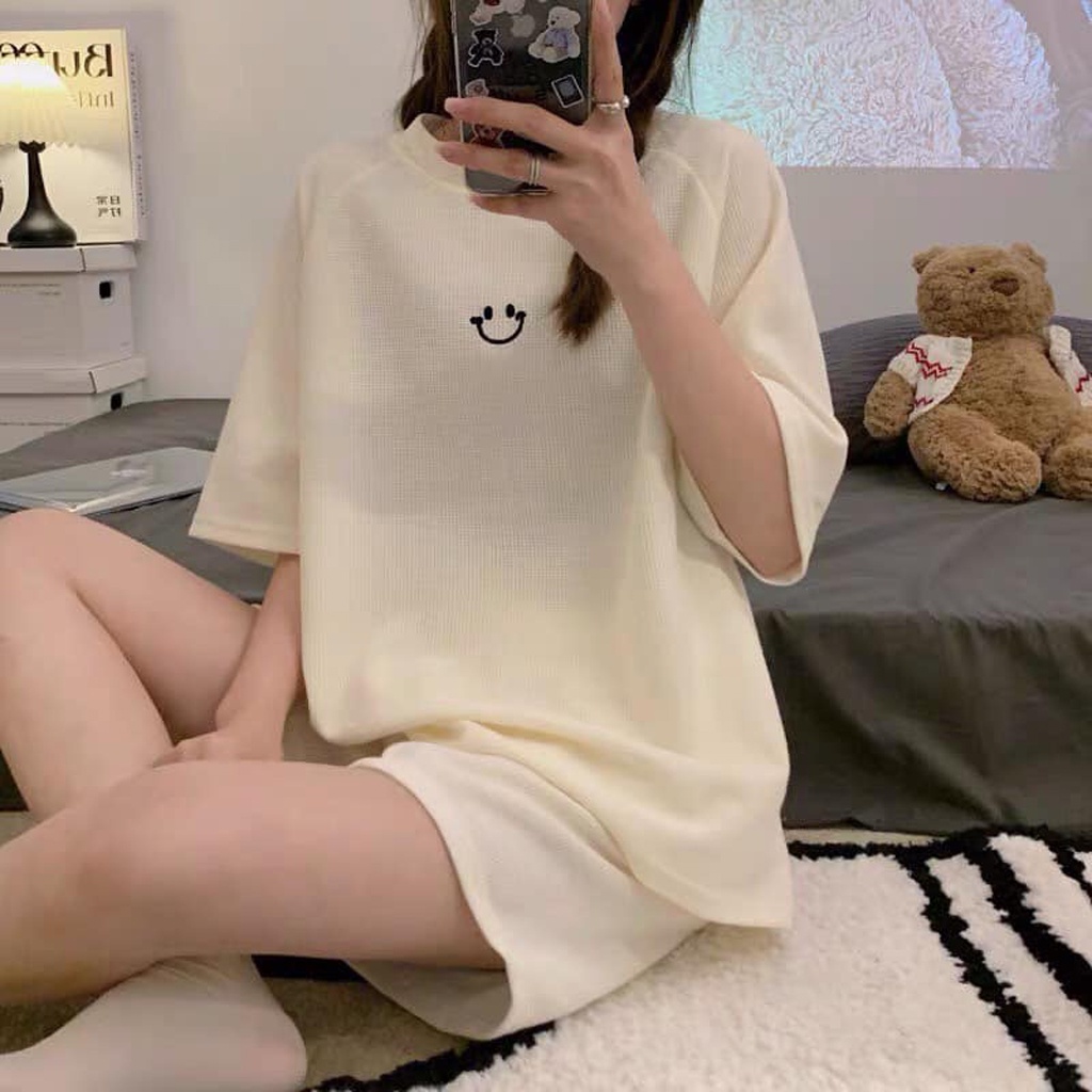 Set Đồ Nữ Áo Phông Quần Ống Rộng Mặt Cười, Đồ Bộ Nữ Đồ Mặc Nhà Chất Cotton Form Rộng