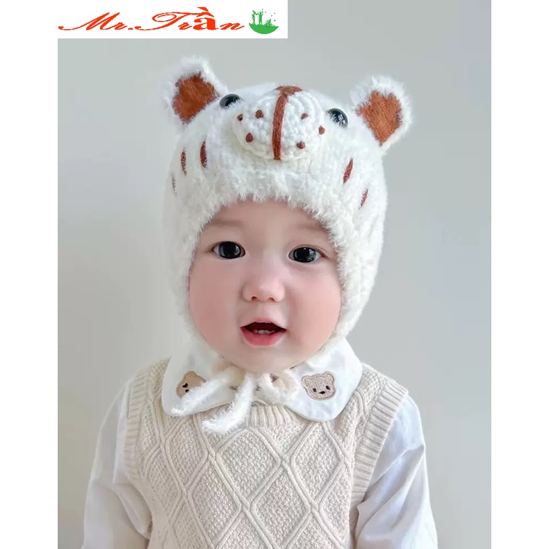 Mũ nón len Hổ xù lông cho bé gái bé trai đội mùa đông giúp giữ ấm đầu, tai phù hợp cho bé từ 5 tháng đến 2 tuổi