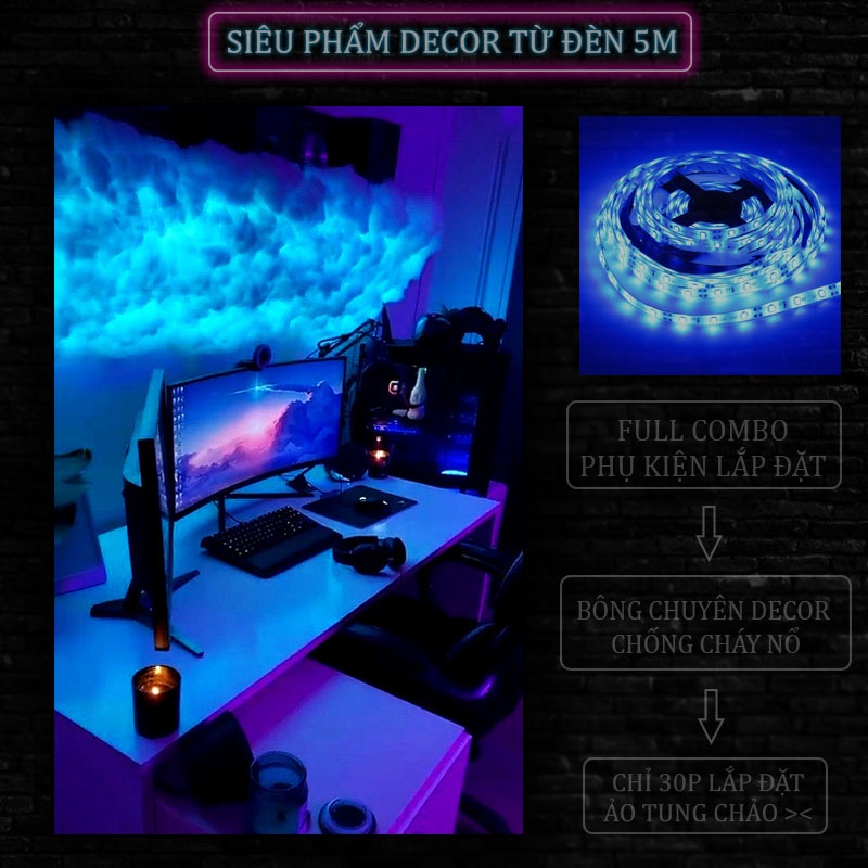 Combo bông gòn keo xịt làm đèn đám mây sấm chớp trang trí phòng ngủ trôi 5m 10m + dây led argb