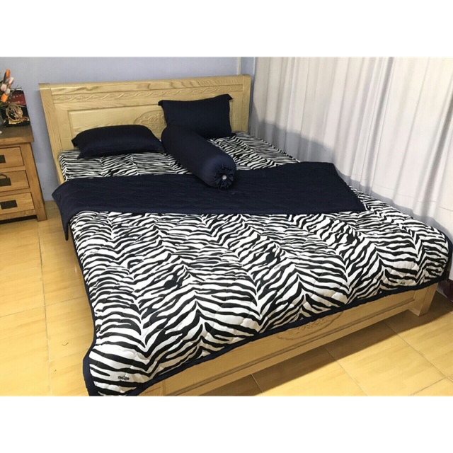 Bộ drap thun xanh đen phối beo( 1 drap, 2 áo gối nằm, 1 áo gối ôm)