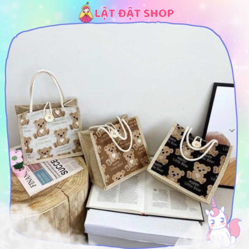 🐻 Túi tote gấu vải bố cài nút cho nữ đi biển - Túi xách đeo chéo 🐻