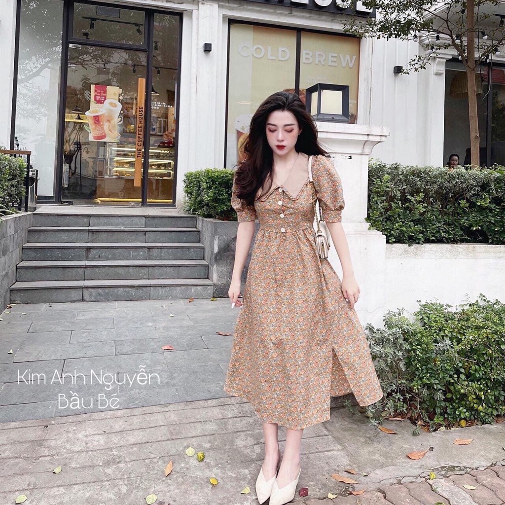 Đầm Nữ, Váy Hoa NHí Phối Cổ Dáng Dài Chất Lụa Tơ Cao Cấp Hàng QC Cực Mềm Xịn Đẹp