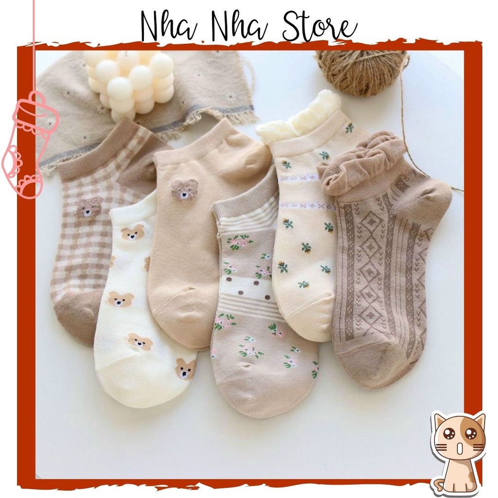 Tất cổ ngắn họa tiết hoa, gấu nhiều màu vintage nhiều mẫu đáng yêu