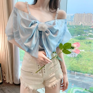 Áo xanh nơ lớn bẹt vai dây ngọc nữ tính (có hình thật)