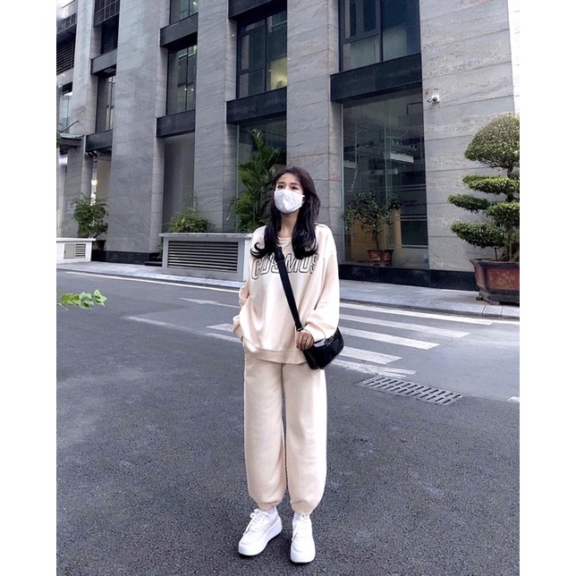 Set Nỉ Cosmos L.Y Store Unisex [FREESHIP]  Bộ đồ quần ống boom áo dài tay hoodie form rộng nam nữ Ulzzang