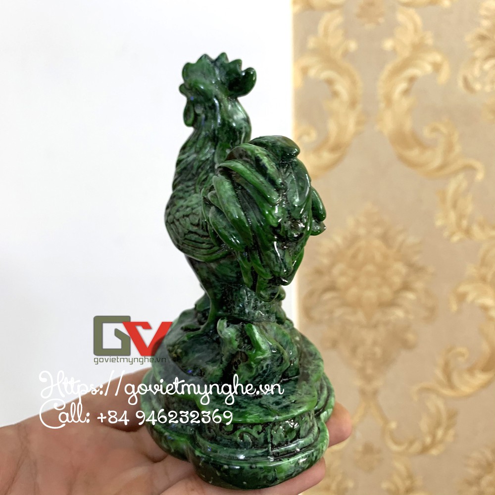 Tượng đá trang trí phong thủy con gà trống trang trí phong thủy để bàn làm việc - Cao 12cm - Màu xanh lục bích