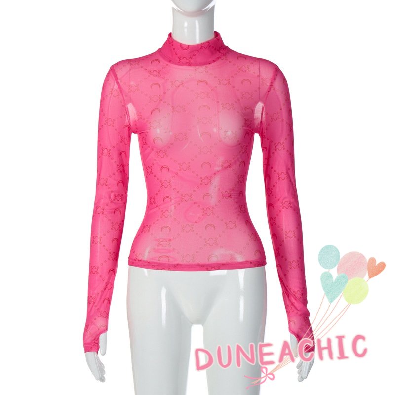 DUNEA Áo Kiểu Tay Dài Cổ Cao Phối Lưới Phong Cách Đường Phố Quyến Rũ