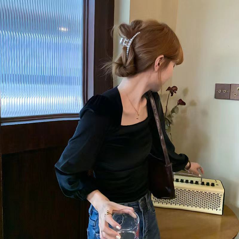 Áo Kiểu Nữ Velvet Square Neck Bubble Sleeve Slim Long Sleeve Women's New Korean Tops Fashion