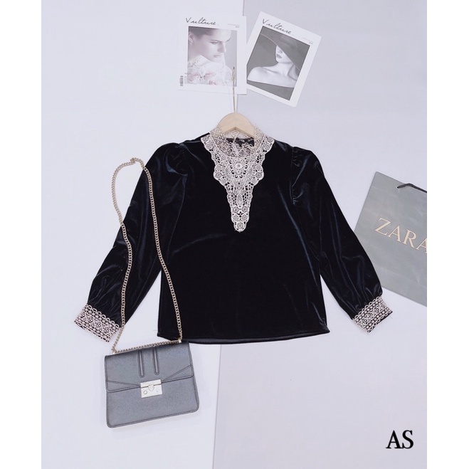 ÁO NHUNG ĐEN TAY BỒNG PHỐI REN CỔ CHO NỮ