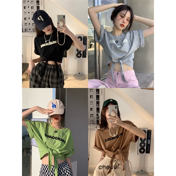 QKOOLE  Áo Thun crop top Nữ Cổ Tròn In Hình Phong Cách Hàn Quốc