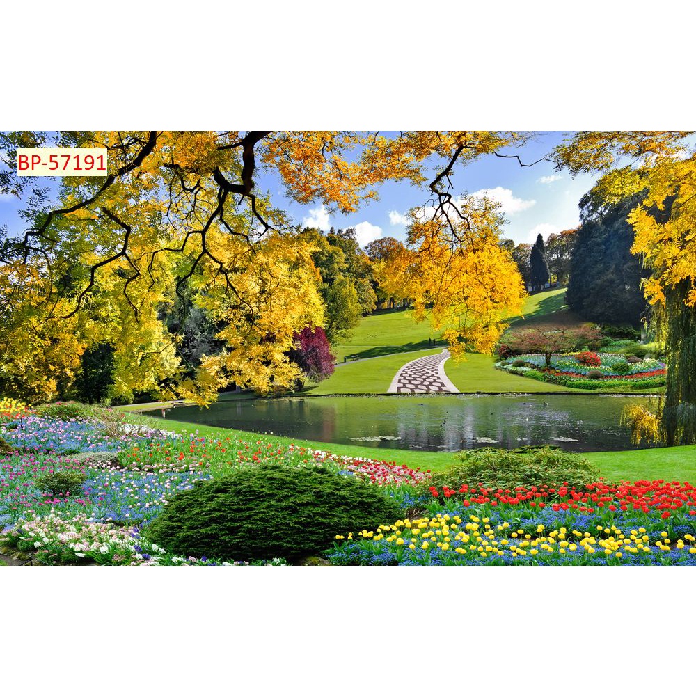 Tranh phong cảnh công viên vường hoa với đủ loại hoa khác nhau theo xu hướng hiện nay, giá rẻ