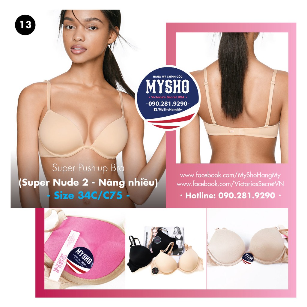 (34C/C75 - Bill Mỹ) - Áo ngực Super Push-up  (13) màu nude, đen, nâng nhiều Super Nude, Pink Victoria's Secret USA | BigBuy360 - bigbuy360.vn