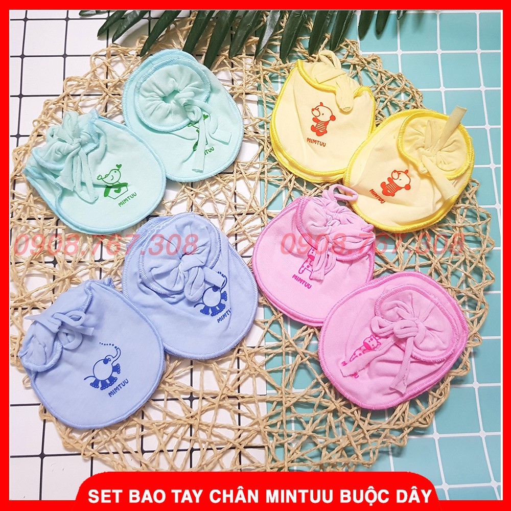 Set Bao Tay + Bao Chân Buộc Dây, Bao Tay Chân Mintu Cho Bé Sơ Sinh Dưới 7kg