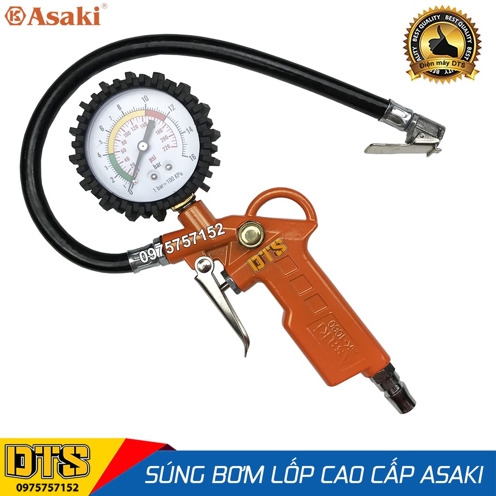 Súng bơm hơi cao cấp Asaki AK-1080, đầu vòi bơm hơi bơm lốp sử dụng cho máy khí nén có mặt đồng hồ hiển thị áp suất