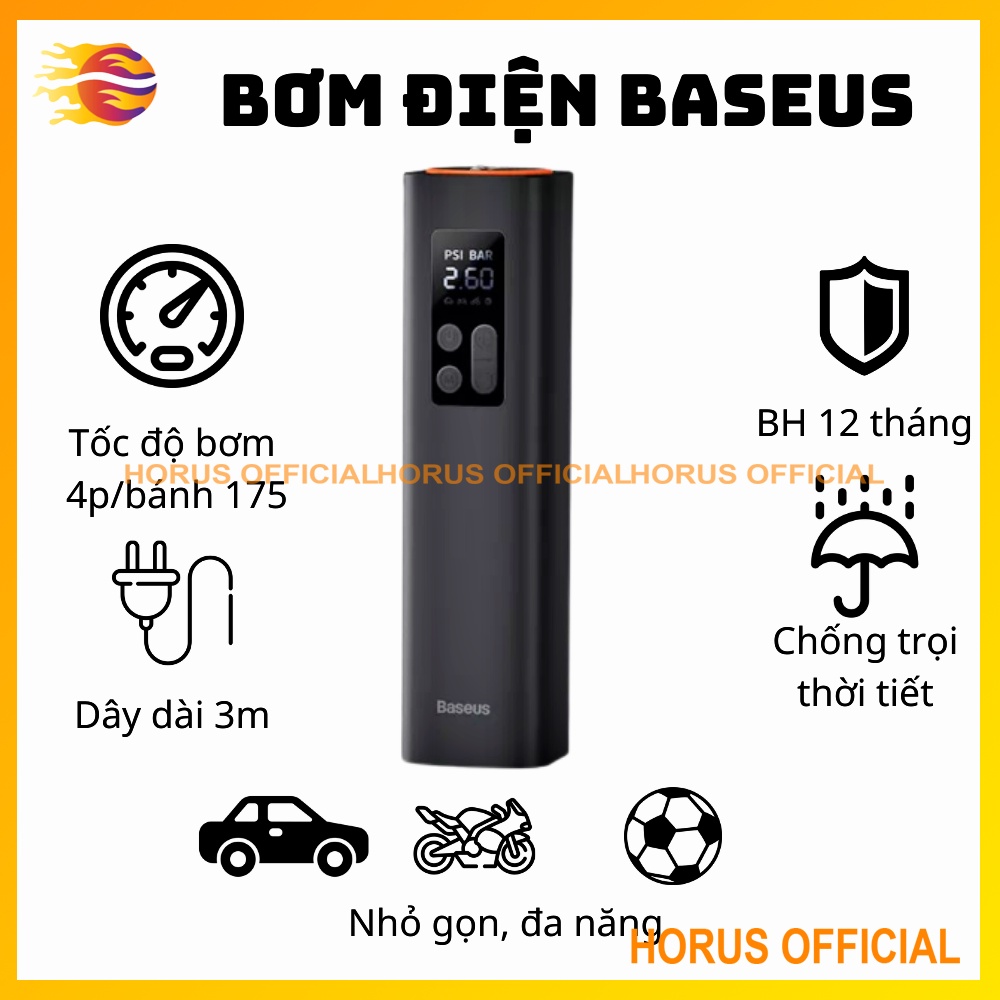 Bơm điện Baseus Super Mini Inflator Pump Car Air Compressor 12V, Bơm ô tô Baseus mini thông minh hiển thị áp suất lốp