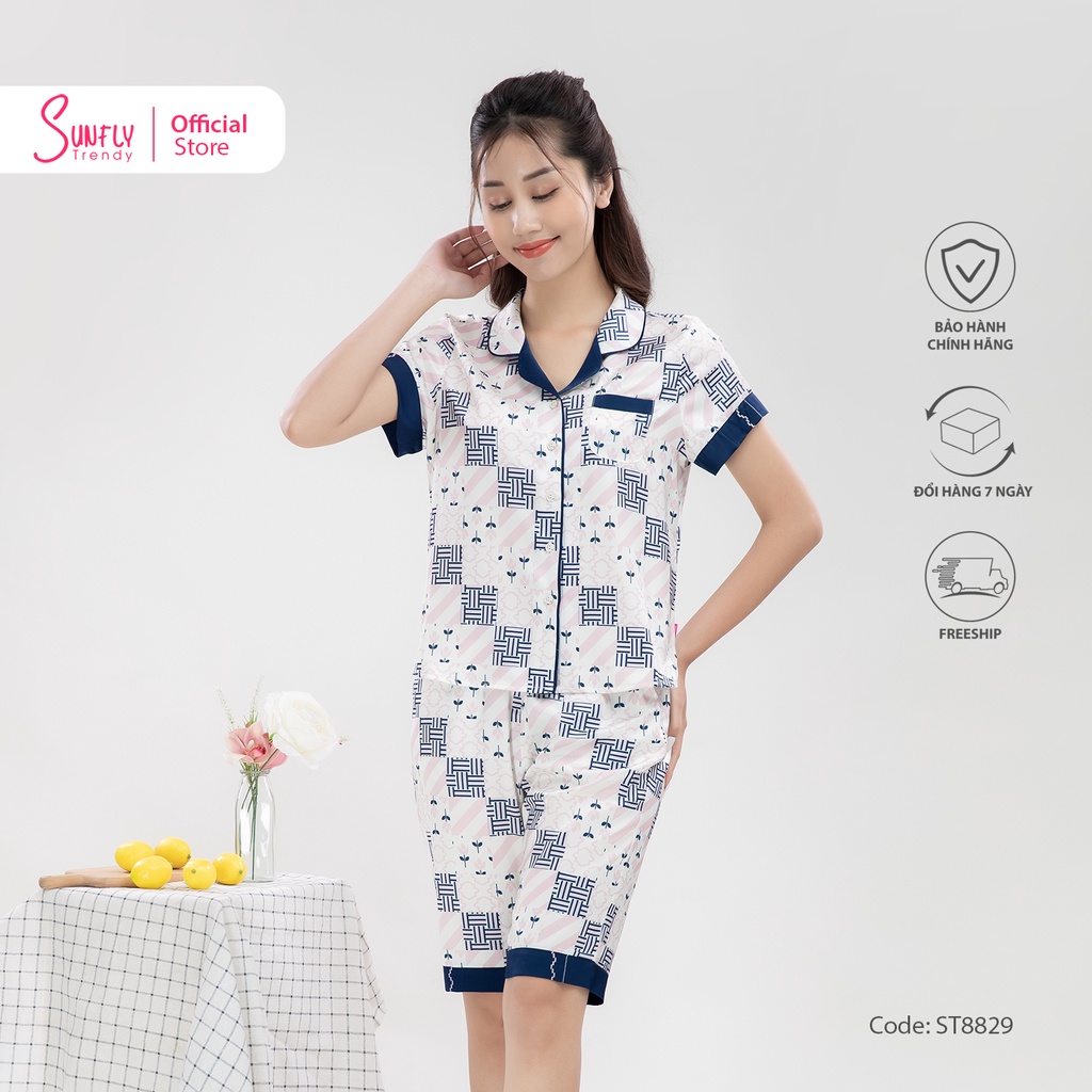 Bộ đồ mặc nhà nữ pijamas lụa SUNFLY áo cộc, quần trên gối ST8829