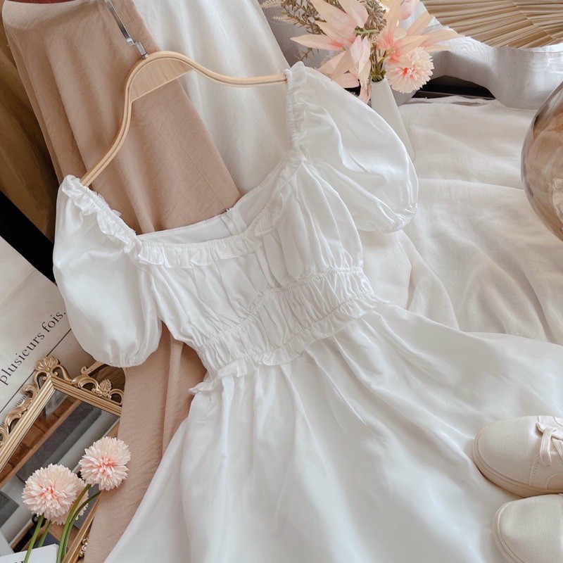 ĐẦM TRẮNG CỔ TYM VIỀN TAY BỒNG BO EO VIỀN BÈO | BigBuy360 - bigbuy360.vn