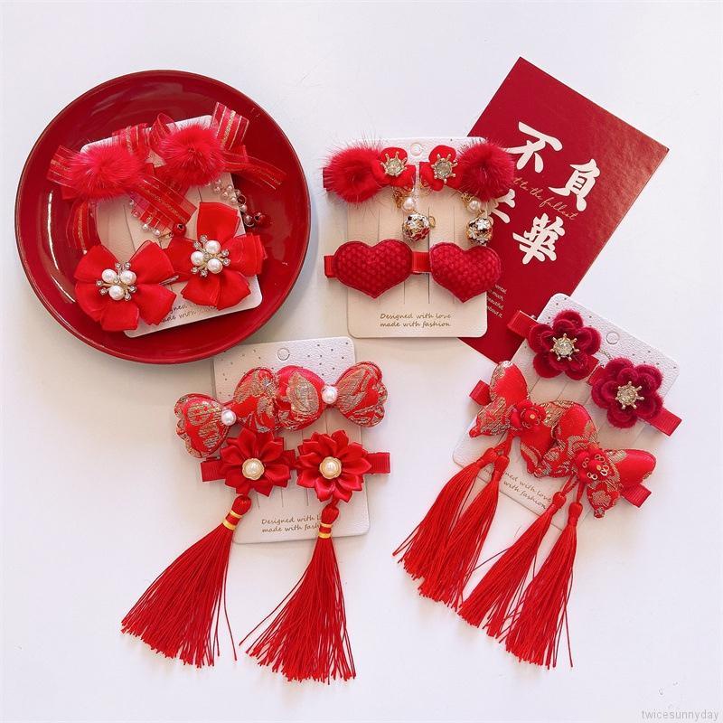 Bộ kẹp tóc tua rua màu đỏ phong cách năm mới thời trang xinh xắn cho bé gái