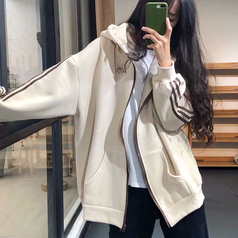 Áo khoác nam nữ thể thao ulzzang 3 sọc màu be? Áo sweater hoodie nỉ bông kiểu dáng thể thao form rộng unisex trơn basic