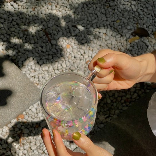 Ly, Cốc Thủy Tinh Hai Lớp Đáy Có Hạt Màu Heart Shaker Sprinkle