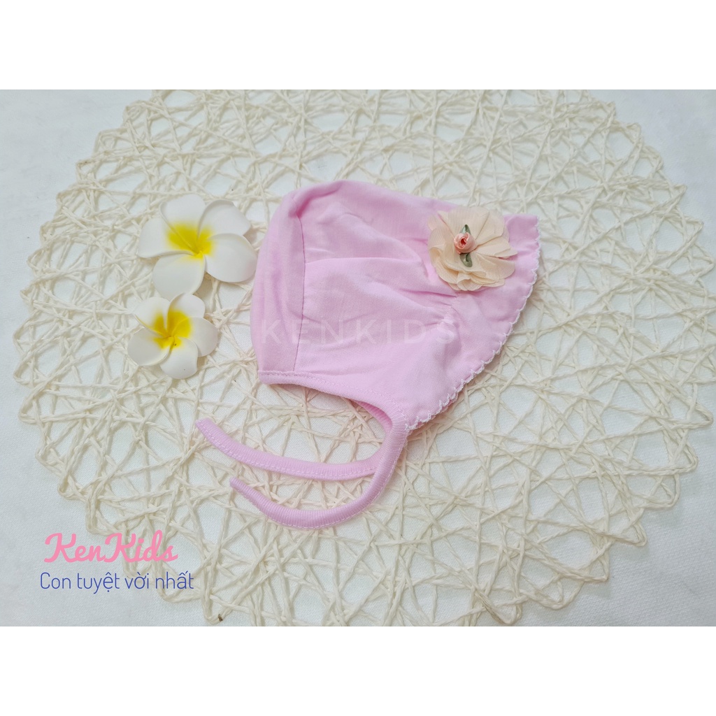 SET 3 Nón mũ bèo sơ sinh đính hoa 100% cotton mềm có dây buộc cho bé gái