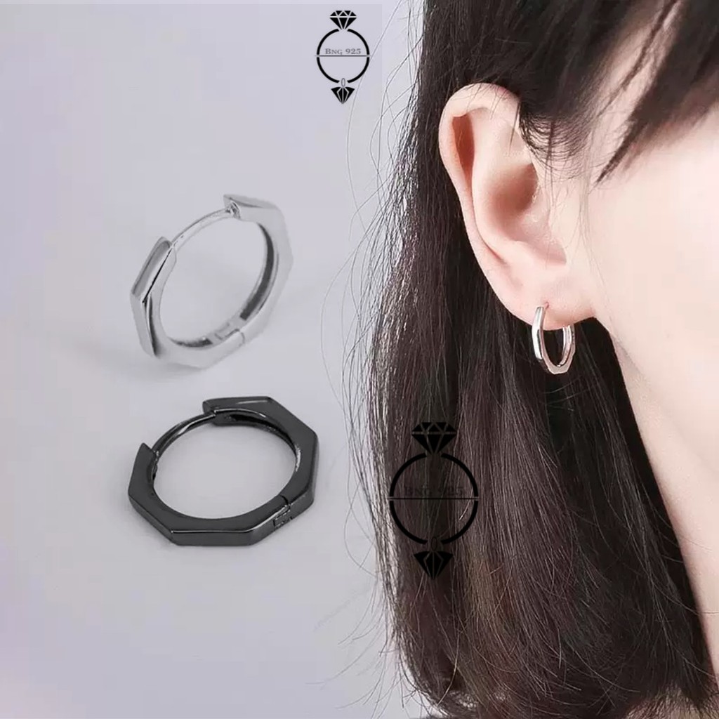 Bông tai tròn bạc ý 925 lục giác vuông cạnh khuyên tai nam nữ