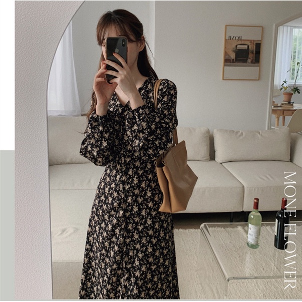 Đầm midi tay dài cổ chữ v họa tiết hoa phong cách retro 45981