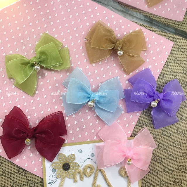 KẸP TÓC NƠ RUY BĂNG VOAN NÚT THẮT ĐÍNH HẠT P2 - [Nhà Nấm handmade]