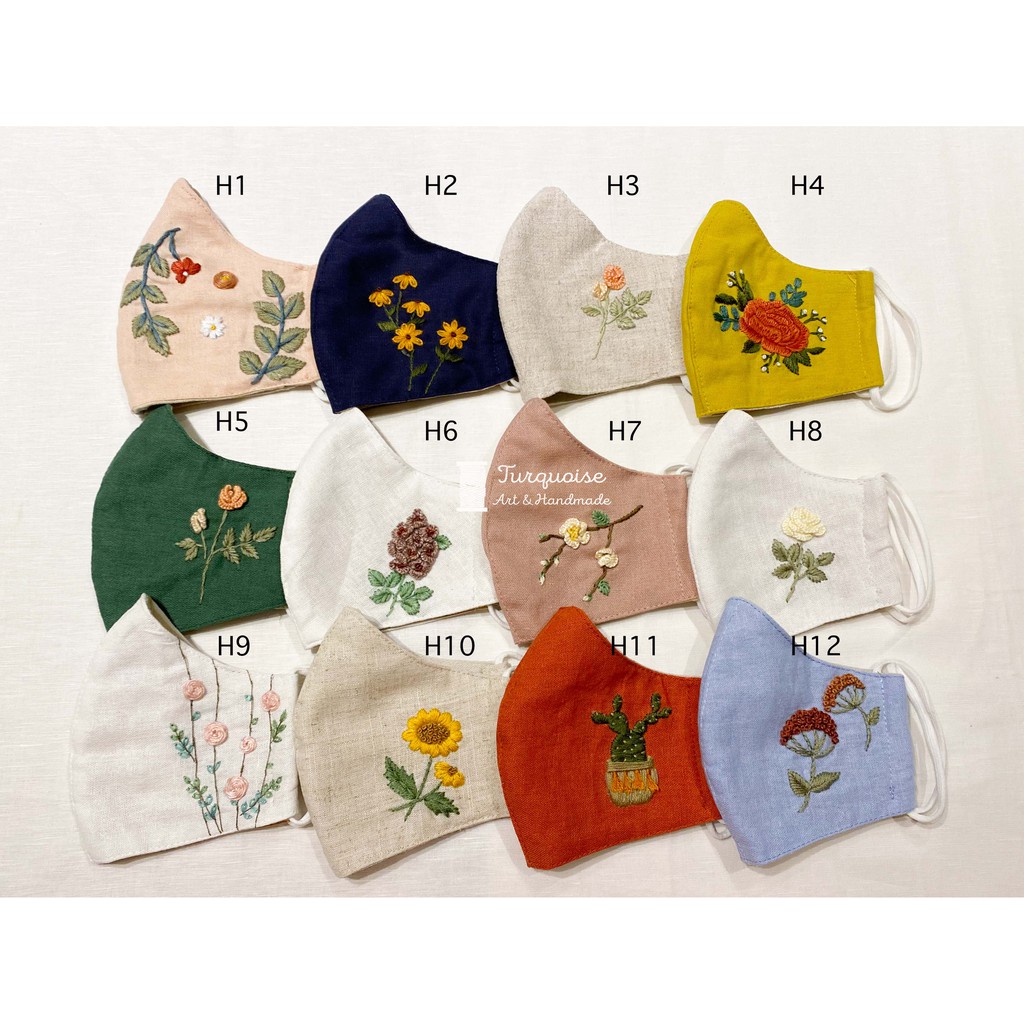 Khẩu Trang Vải Linen Thêu Tay 3 Lớp - Embroidered 3 Layer Linen Mask