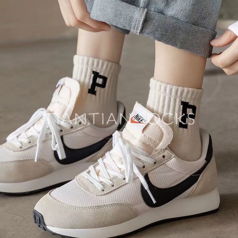 TIANTIAN T165 Vớ Thể Thao Cổ Ngắn Chất Liệu Cotton Thấm Hút Mồ Hôi In Chữ P Màu Đen / Trắng Phong Cách Nhật Bản Thời Trang Cho Nam Và Nữ