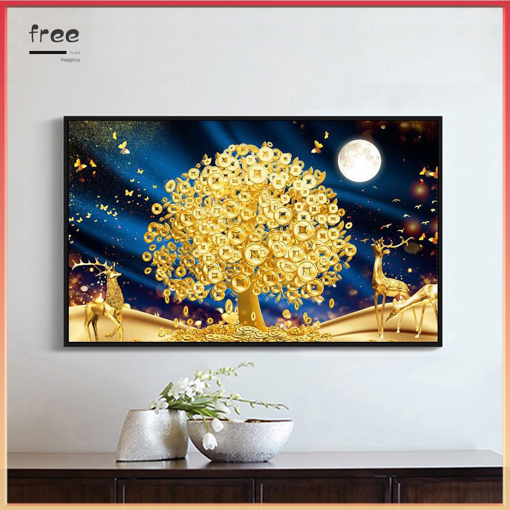 Bộ dụng cụ đầy đủ làm tranh đính đá 5D họa tiết cây tiền xu DIY