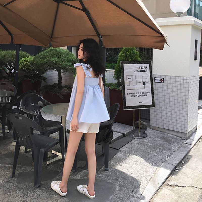 IELGY Áo Hai Dây Ngắn Dáng Suông Kẻ Sọc Caro Thắt Nơ Phong Cách Hàn Quốc Cho Nữ