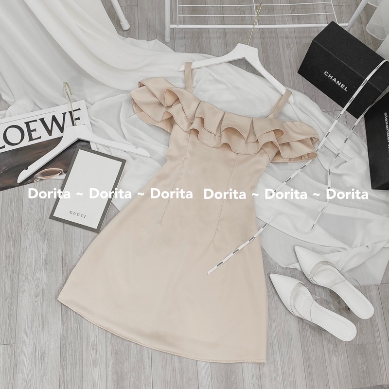 Váy 2 dây trễ vai viền bèo, Váy trắng dự tiệc viền bèo dáng xòe