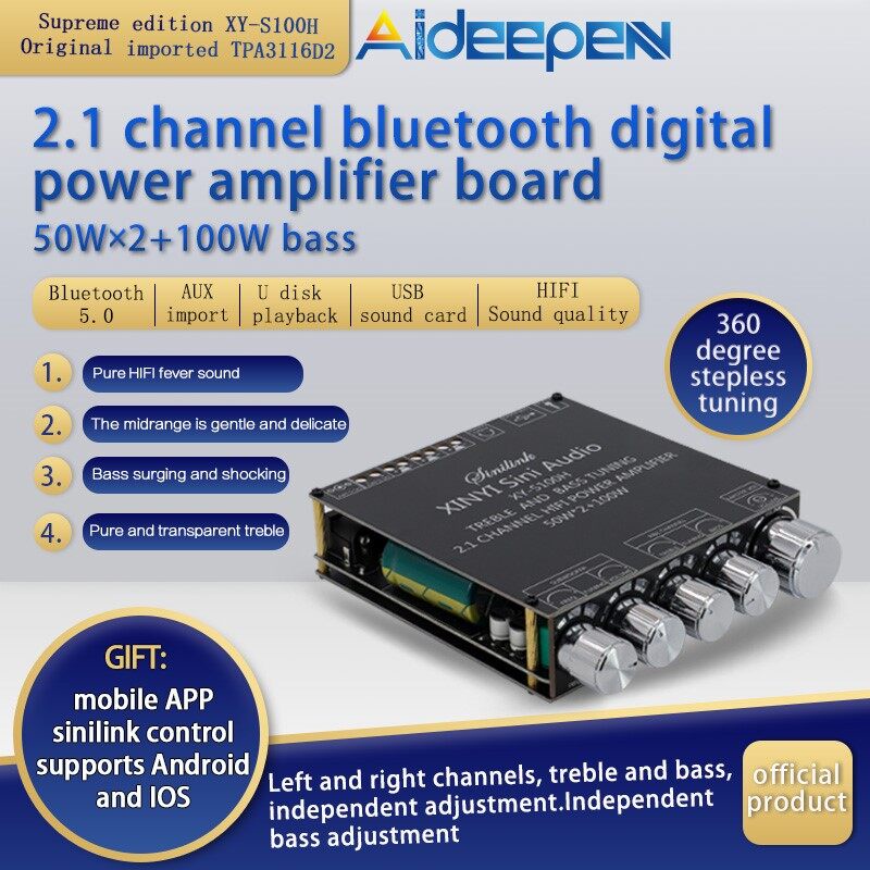 AIDEEPEN Bảng mạch khuếch đại âm thanh S100H/ S100L bluetooth TPA3116D2 2.1 50Wx2 + 100W tiện lợi