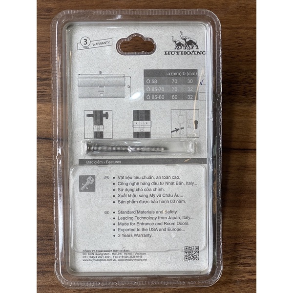 Lõi khoá cửa tay gạt Huy Hoàng Con Voi, ruột khoá cửa tay gạt thay thế 7cm