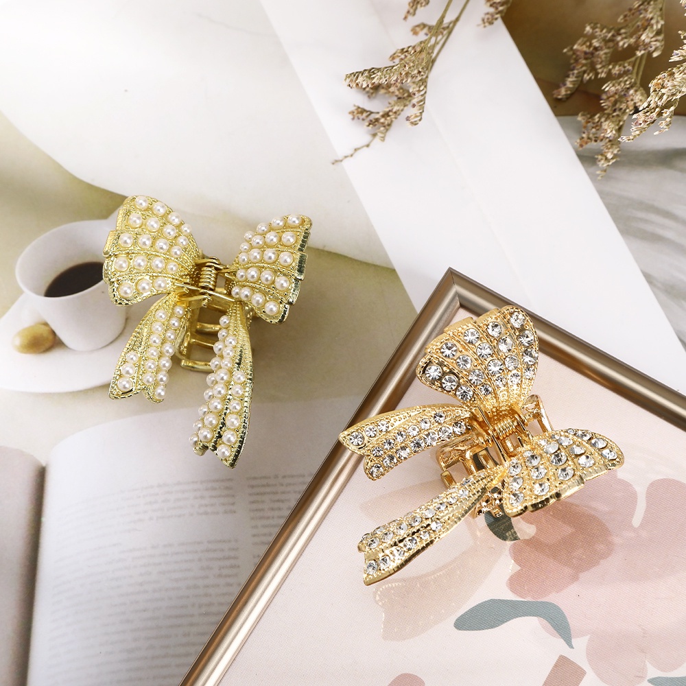 ✨✨Kẹp Tóc Nơ Đính Đá Và Ngọc Trai Giả Phong Cách Vintage Mới