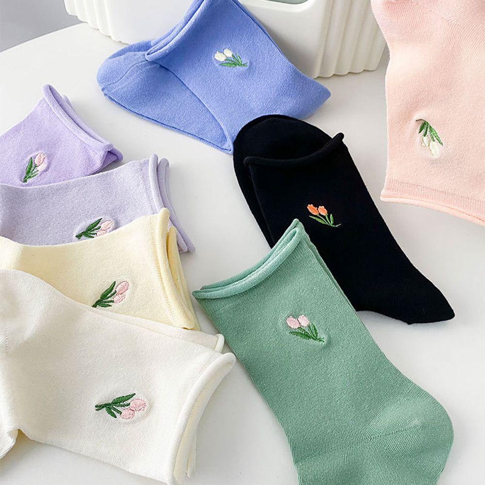 AROMA Vớ Cotton Màu Trơn Thoáng Khí Thêu Hình Hoa Tulip Thời Trang Cho Nữ