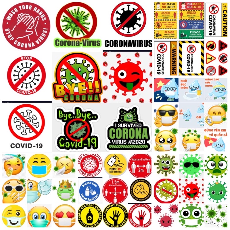 Sticker CORONA Covid 19 :30-60/ ảnh dán chủ đề corona virut covid 19/ hình dán bảo vệ COVID