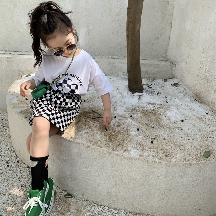 Set Áo Thun Ngắn Tay + Chân Váy Caro Phong Cách Hàn Quốc Thời Trang Mùa Hè Cho Bé Gái
