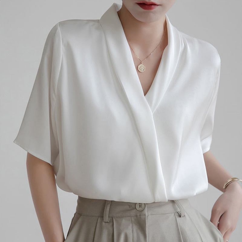 Áo Sơ Mi Tay Ngắn Cổ Chữ V Dáng Rộng Vải satin Thời Trang Mùa Hè Cho Nữ