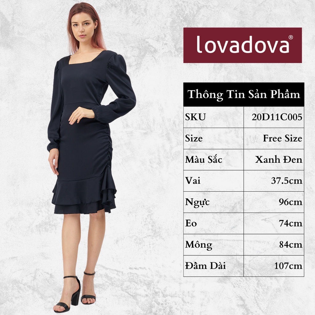 Đầm Dáng Ôm, Dài Tay, Cách Điệu Nhún Bên Hông, Tà Váy Xòe, Cổ Vuông, Màu Đen - Lovadova 20D11C005