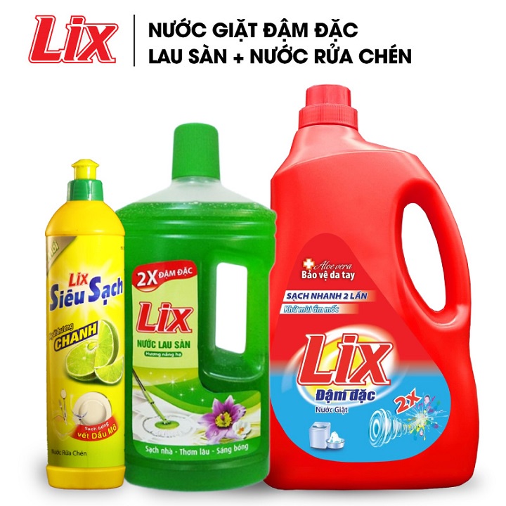 Combo Nước giặt Lix đậm đặc hương hoa 2Kg + Nước lau sàn nắng hạ 1 lít + Nước rửa chén siêu sạch chanh 800g (COMBO 13)