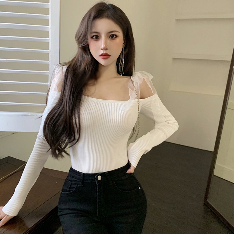 Áo Hai Dây Dệt Kim Màu Sắc Trơn Phối Lưới Đính Nơ Phong Cách Hàn Quốc Gợi Cảm Cho Nữ