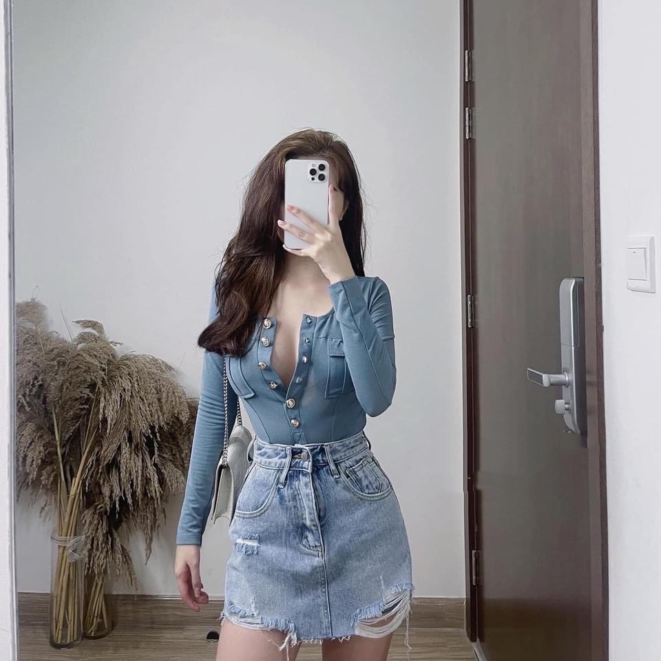 Áo thun nữ dài tay túi ngực đính khuy siêu xinh, Áo công sở nữ vạt tôm trẻ trung rẻ đẹp